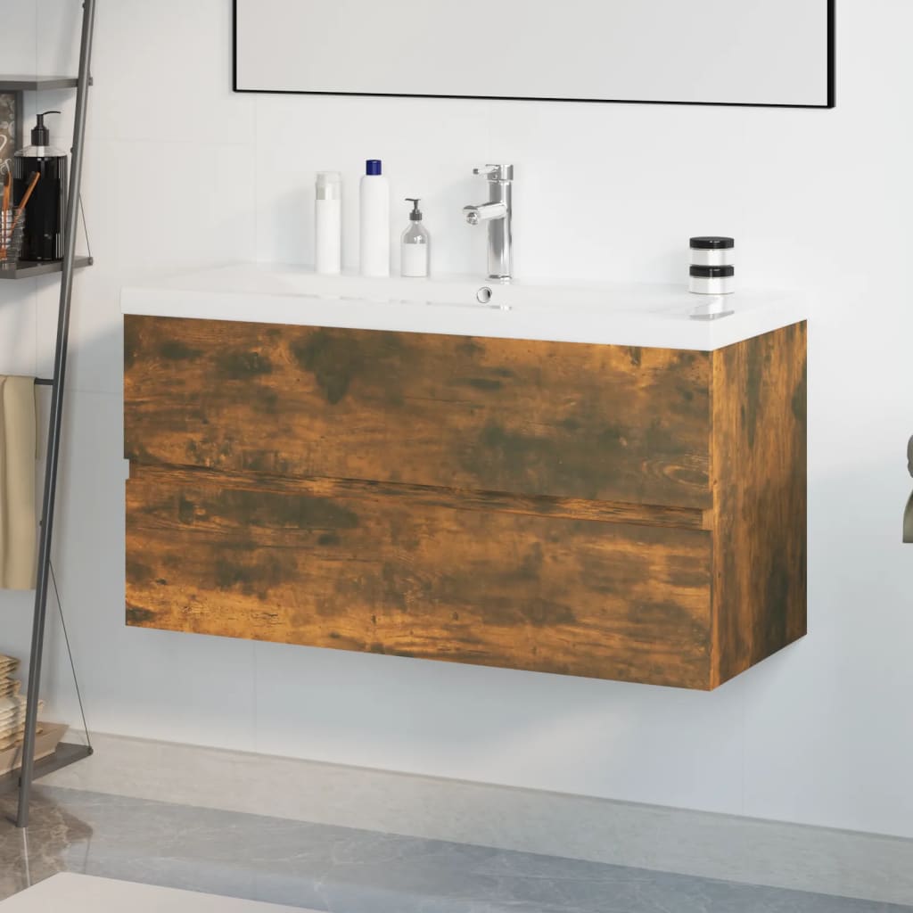 Vetonek Mueble de baño con lavabo madera contrachapada roble ahumado