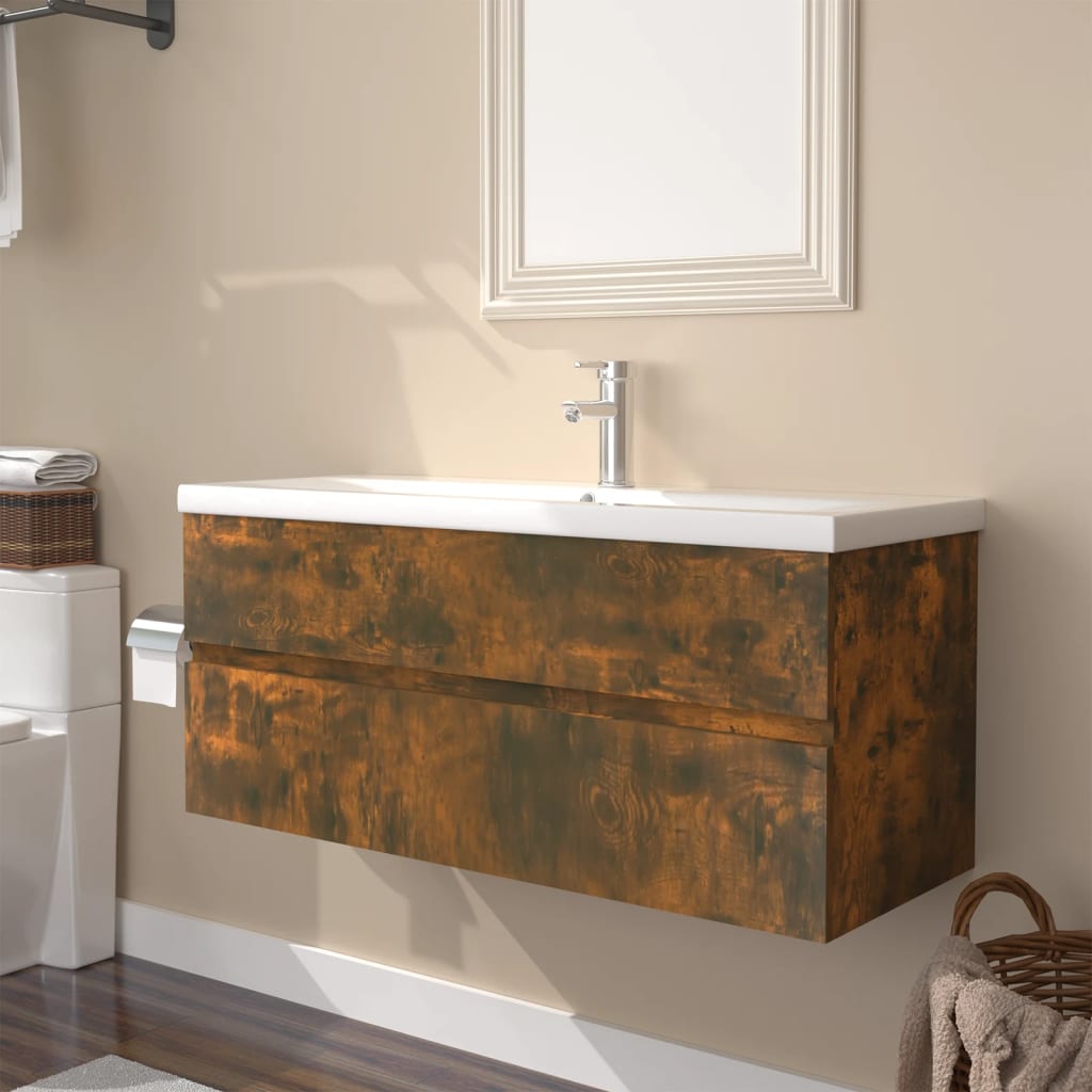 Vetonek Mueble de baño con lavabo madera contrachapada roble ahumado