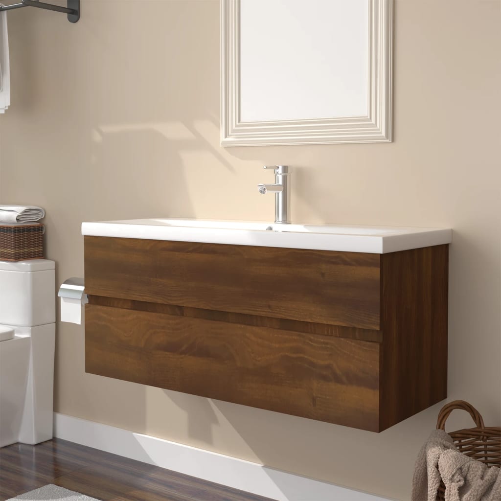 Vetonek Mueble de baño con lavabo madera contrachapada marrón roble