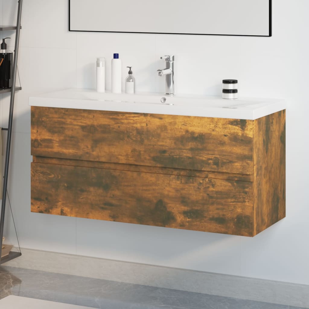 Vetonek Mueble de baño con lavabo madera contrachapada roble ahumado