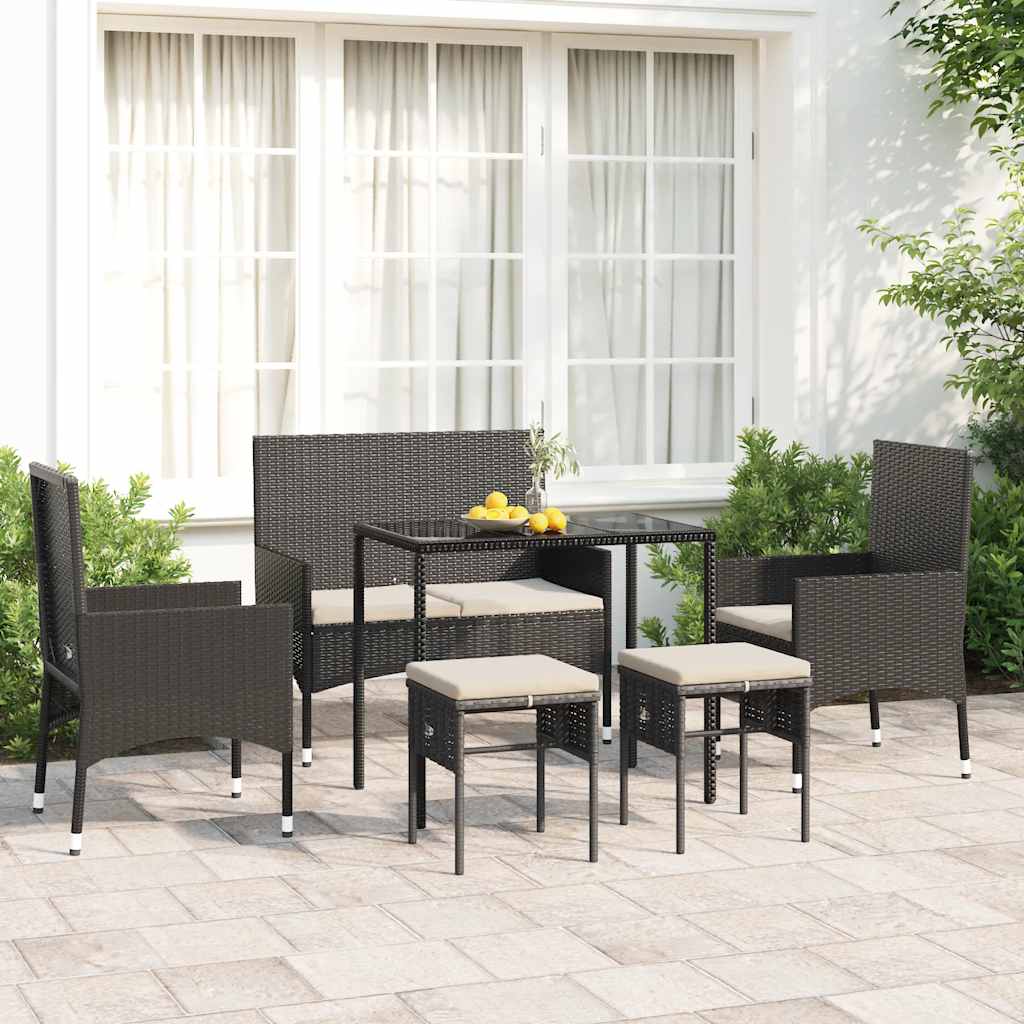 Vetonek Set muebles de jardín 6 piezas y cojines ratán sintético negro