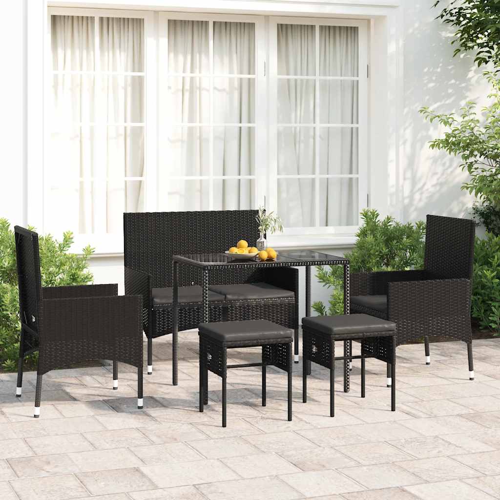 Vetonek Set muebles de jardín 6 piezas y cojines ratán sintético negro