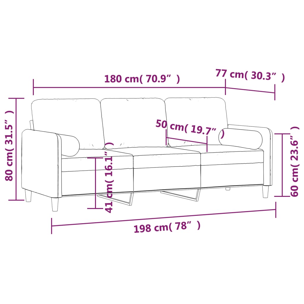 Sofá 3 plazas almohadas y cojines terciopelo gris claro 180 cm