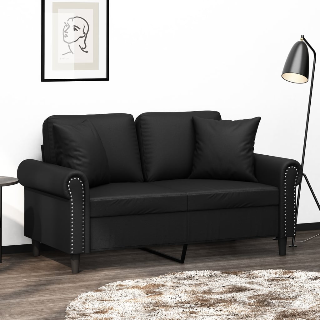 Vetonek Sofá 2 plazas almohadas y cojines cuero sintético negro 120 cm