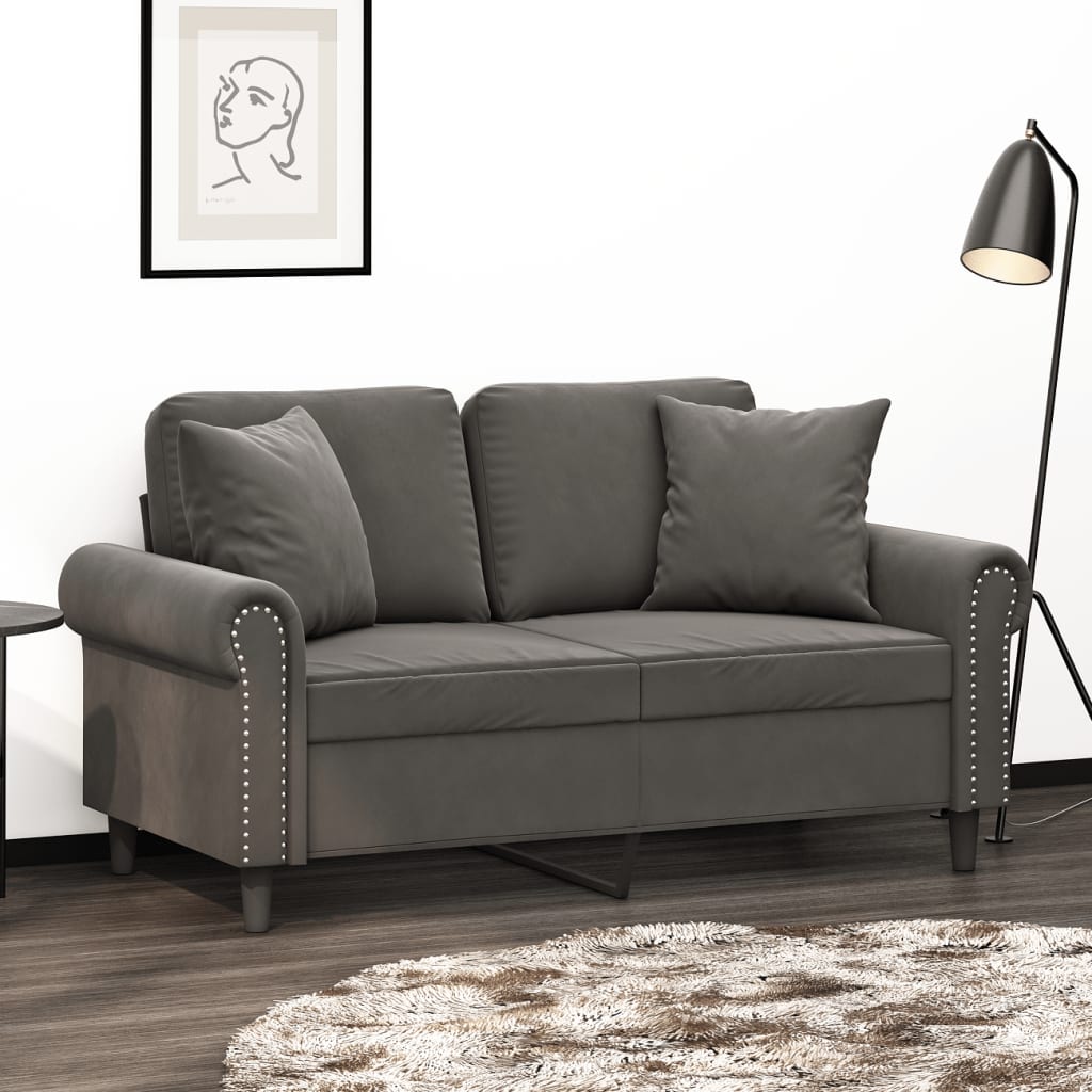 Vetonek Sofá 2 plazas almohadas y cojines terciopelo gris oscuro 120 cm