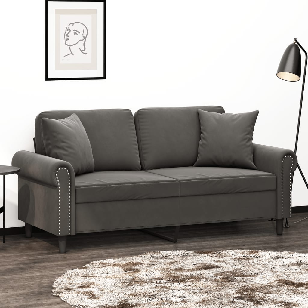 Vetonek Sofá 2 plazas almohadas y cojines terciopelo gris oscuro 140 cm