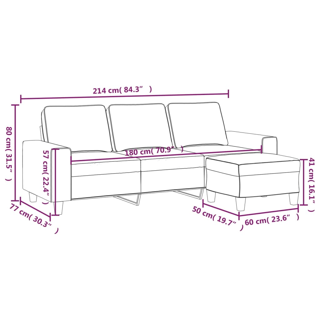 Sofá de 3 plazas y taburete tela microfibra gris oscuro 180 cm vidaXL