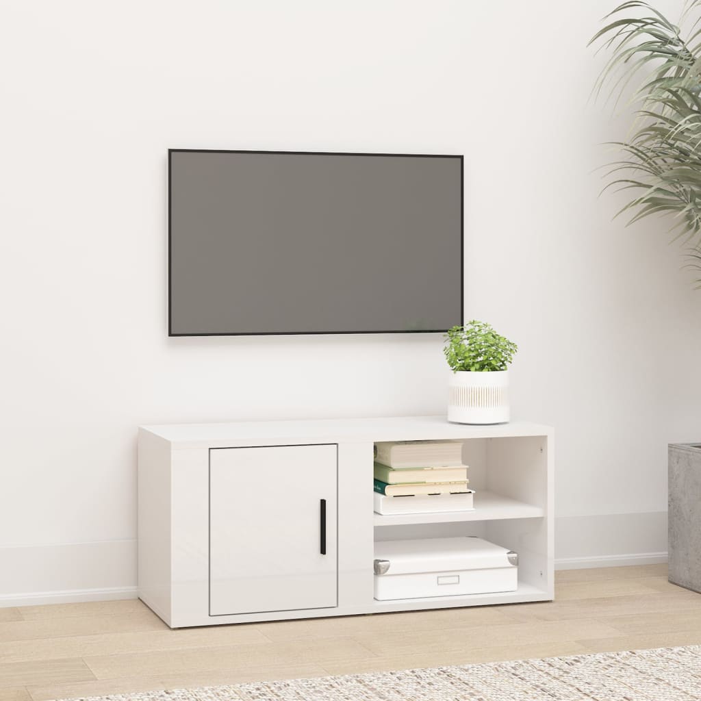 Vetonek Mueble de TV madera contrachapada blanco brillo 80x31,5x36 cm