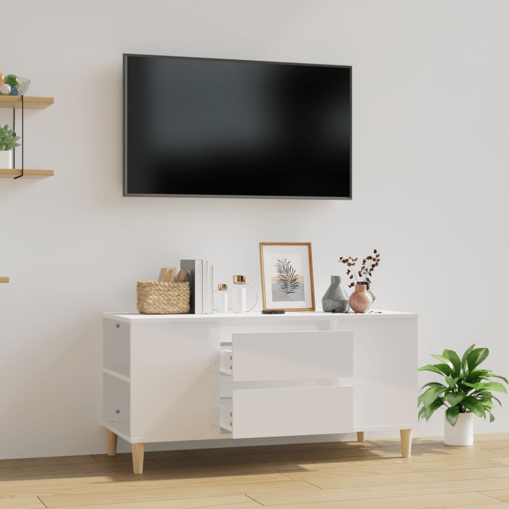 Vetonek Mueble de TV madera contrachapada blanco brillo 102x44,5x50 cm