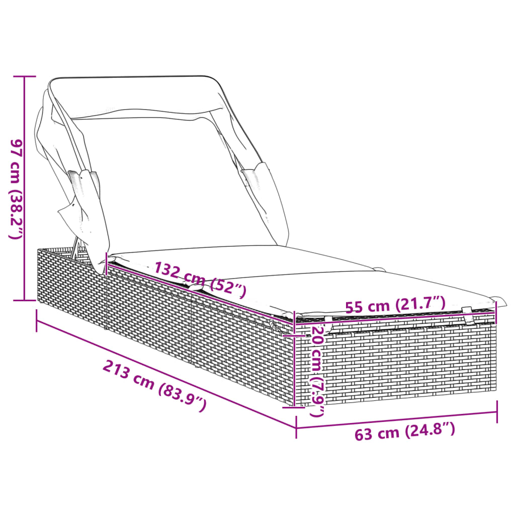 Tumbona con toldo plegable ratán sintético negro 213x63x97cm vidaXL