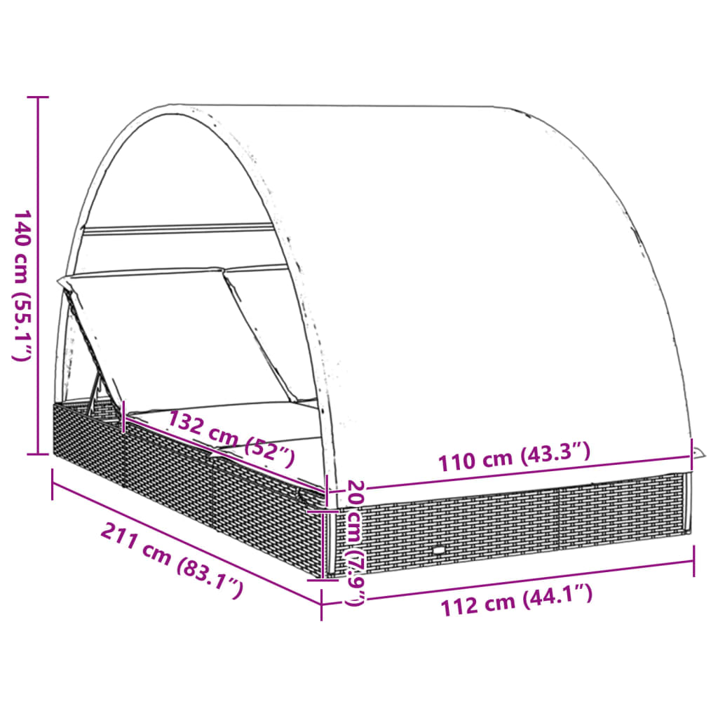 Webstuhl 2 Personen runden Markisen Ratán Pe Black 211x112x140 cm