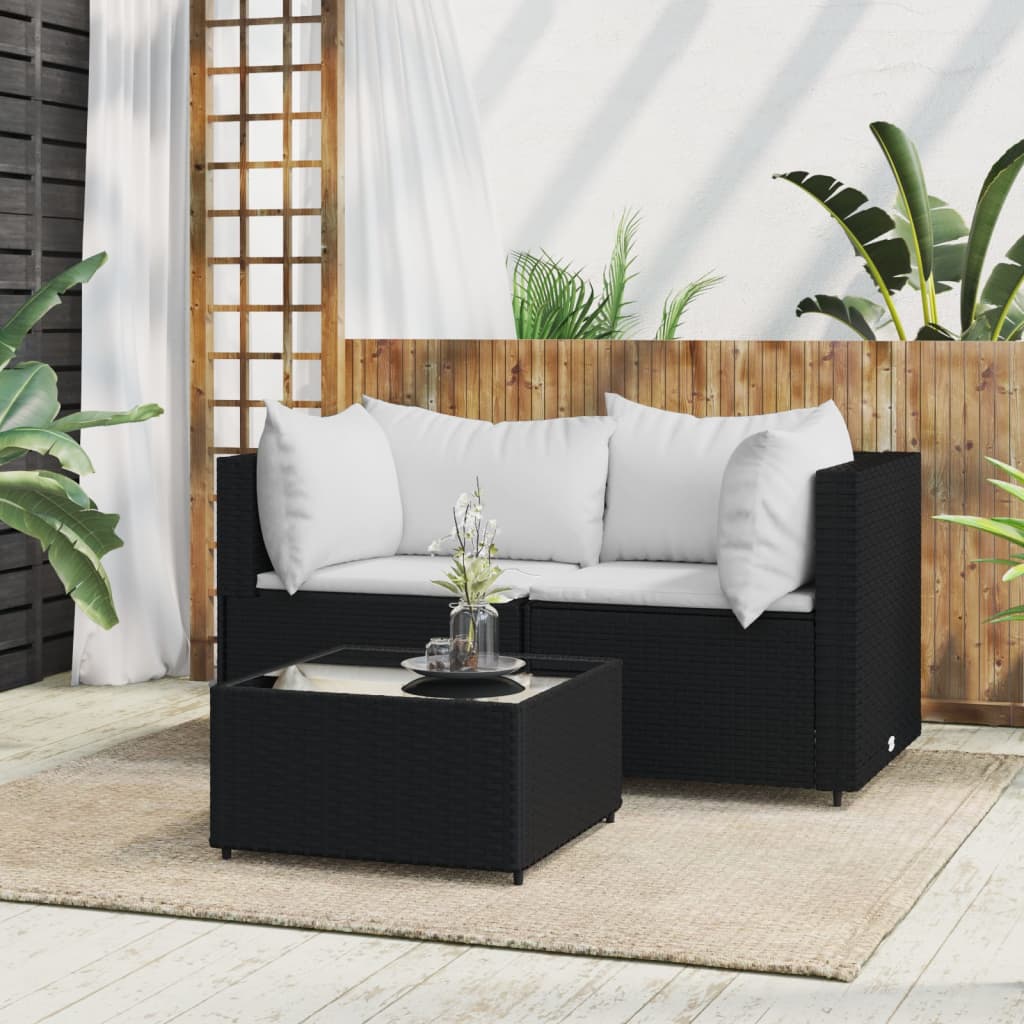 Vetonek Set de muebles de jardín 3 pzas y cojines ratán sintético negro