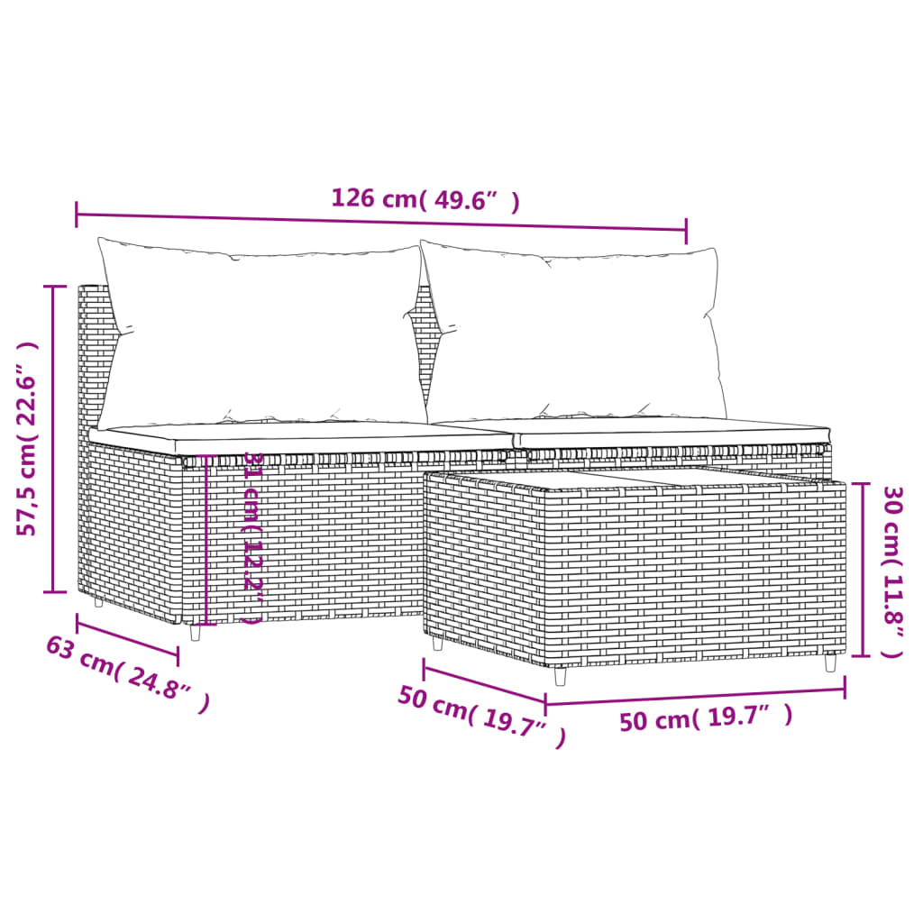 Set de muebles de jardín 3 pzas y cojines ratán sintético negro