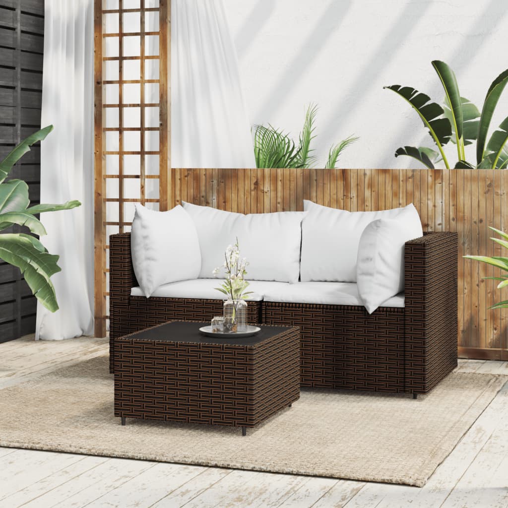 Vetonek Set muebles de jardín 3 piezas y cojines ratán sintético marrón