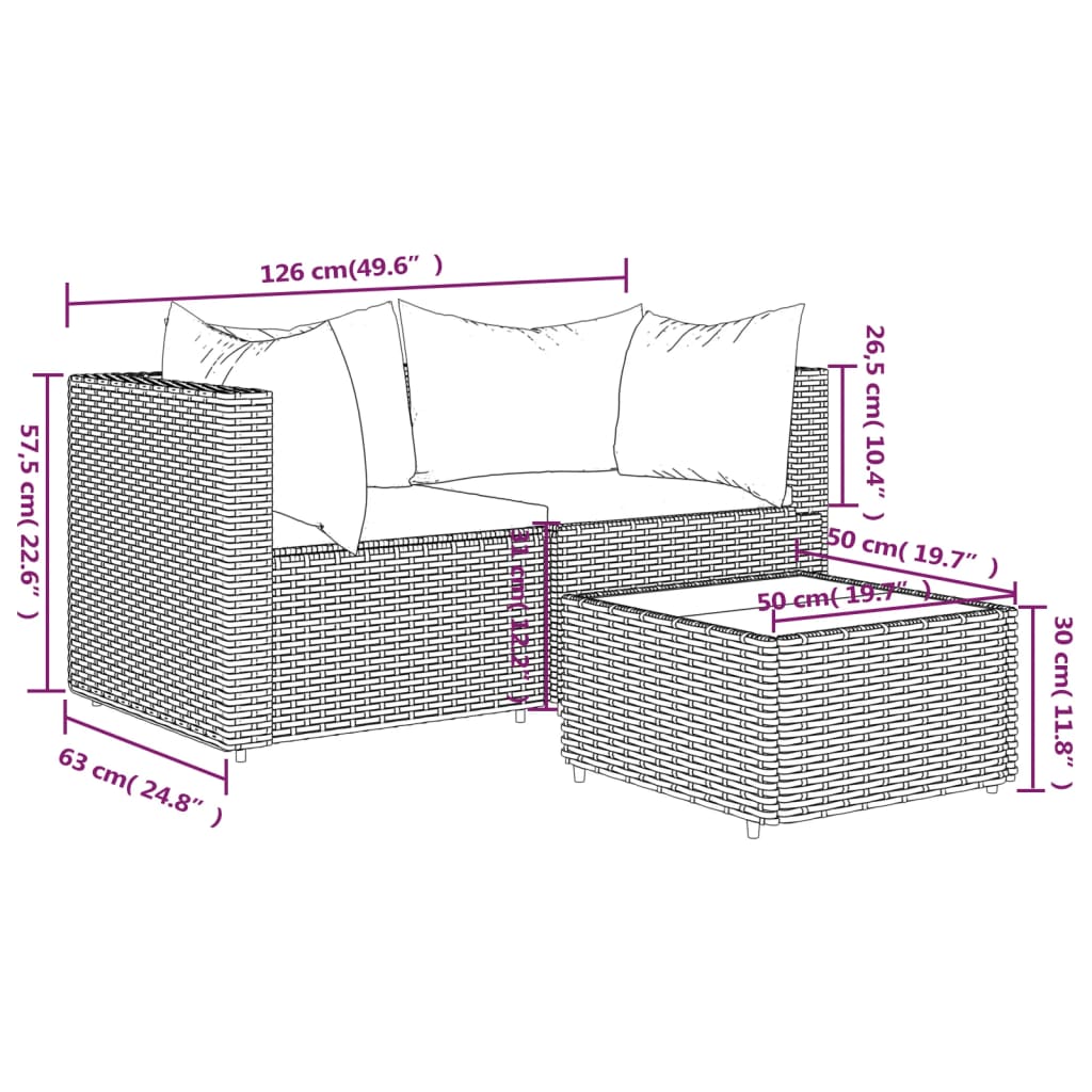 Set muebles de jardín 3 piezas y cojines ratán sintético marrón