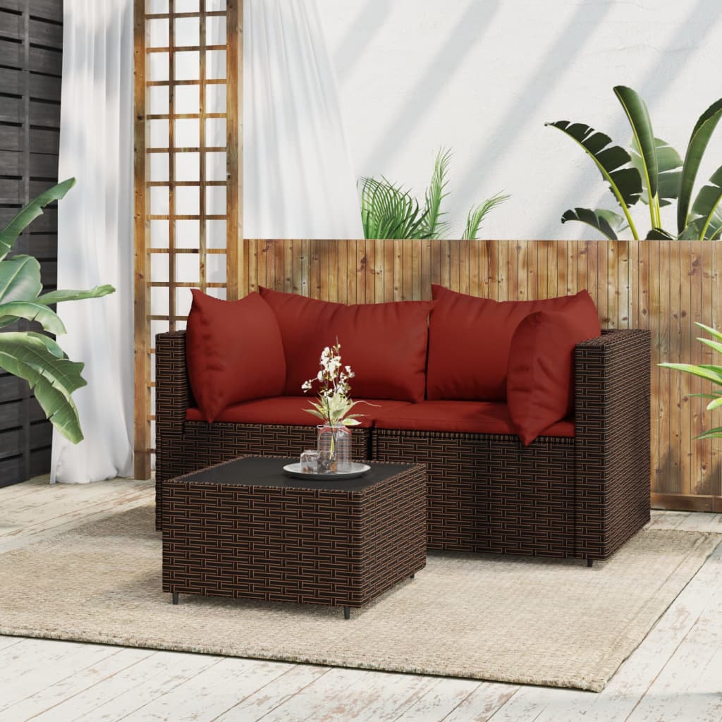 Vetonek Set muebles de jardín 3 piezas y cojines ratán sintético marrón