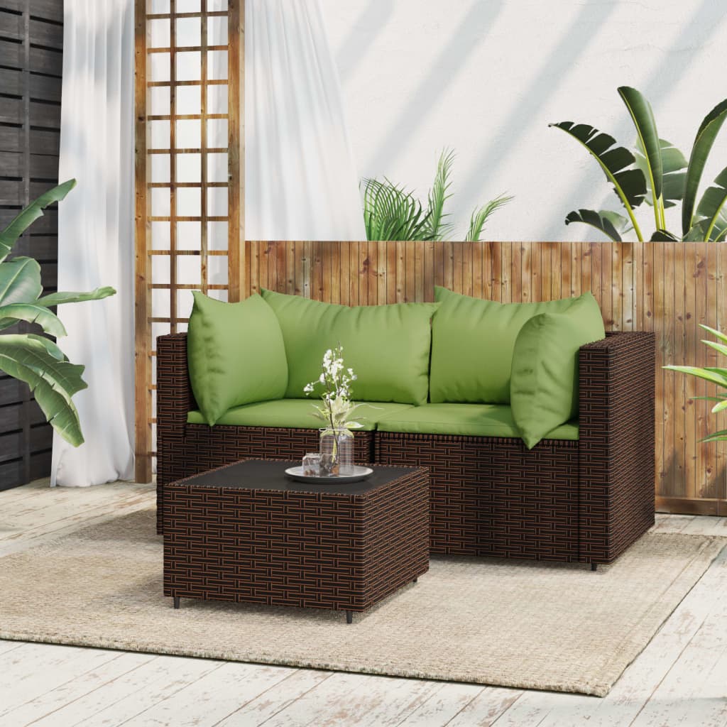 Vetonek Set muebles de jardín 3 piezas y cojines ratán sintético marrón