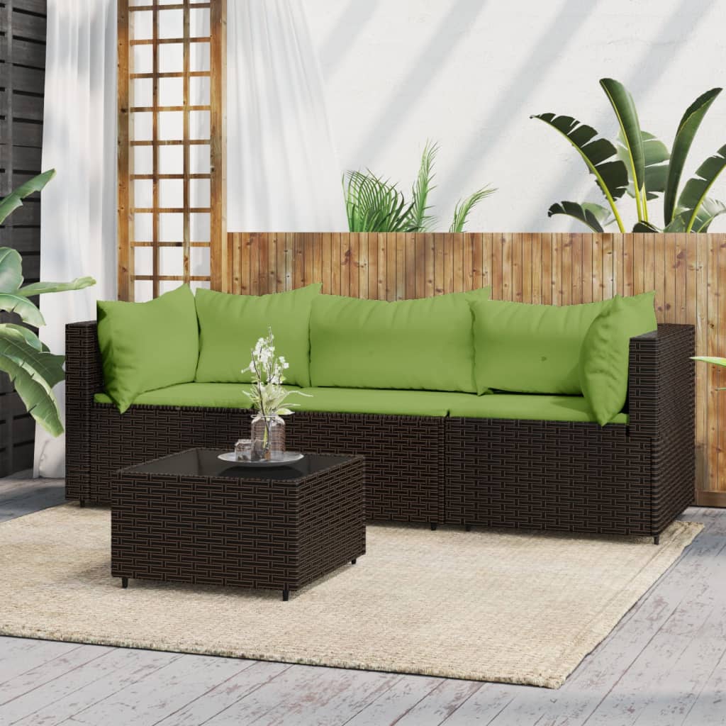 Vetonek Set muebles de jardín 4 piezas y cojines ratán sintético marrón