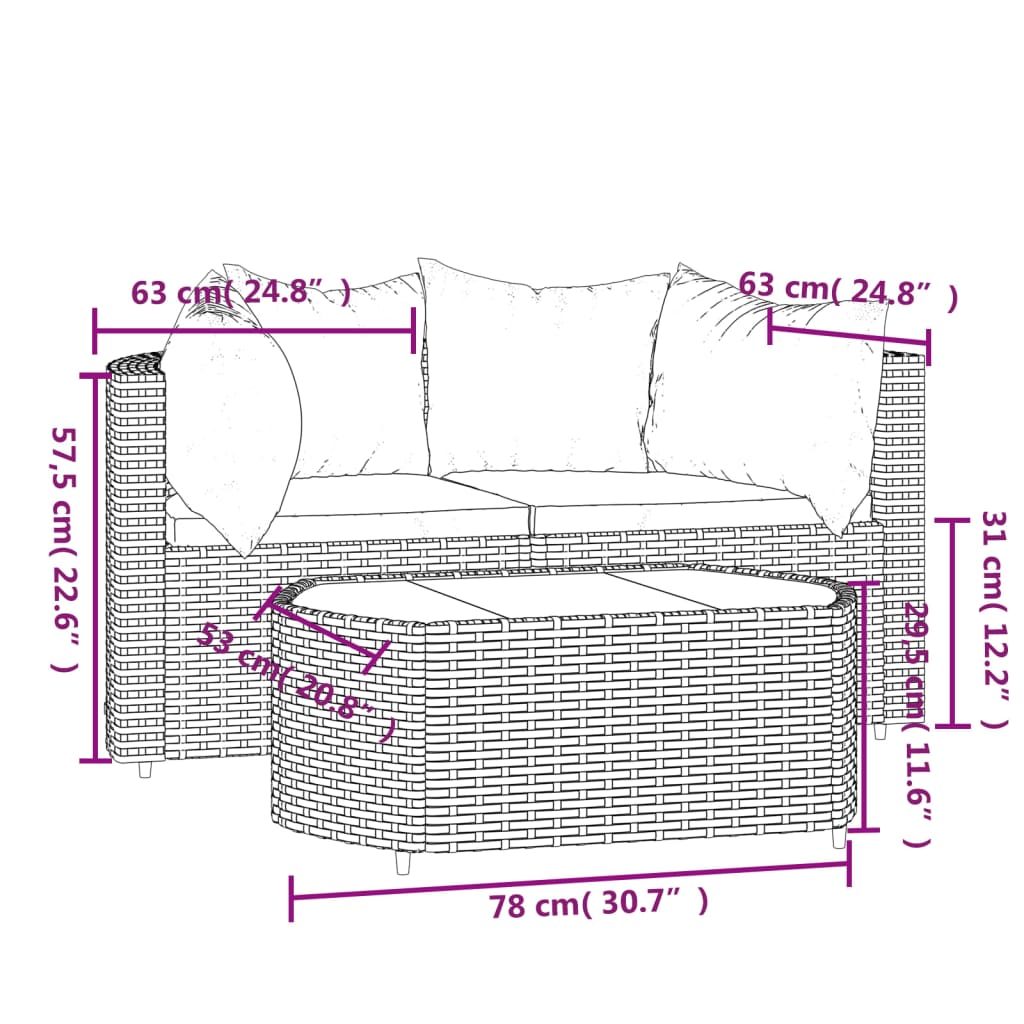 Set de muebles de jardín 3 pzas y cojines ratán sintético gris