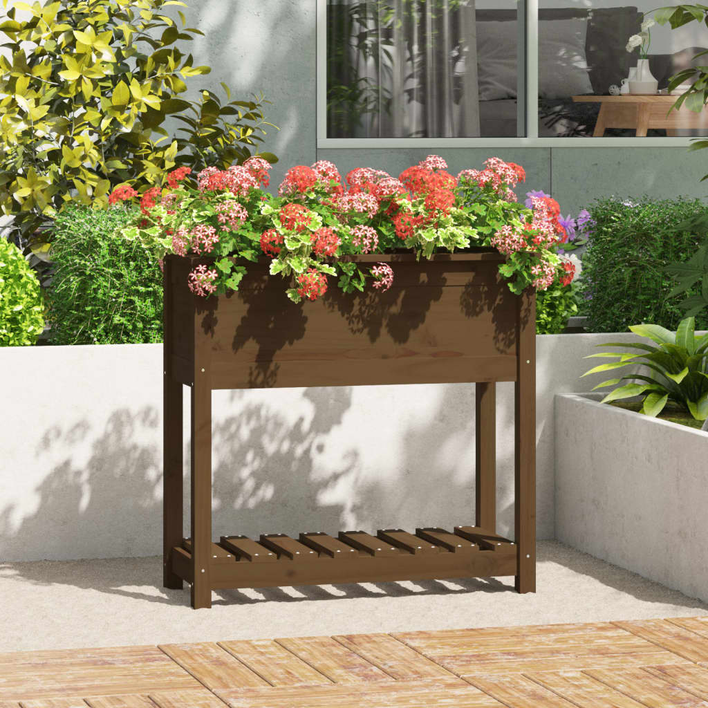 Jardinera con estante madera maciza pino marrón 82,5x34,5x81 cm v7428 Vetonek