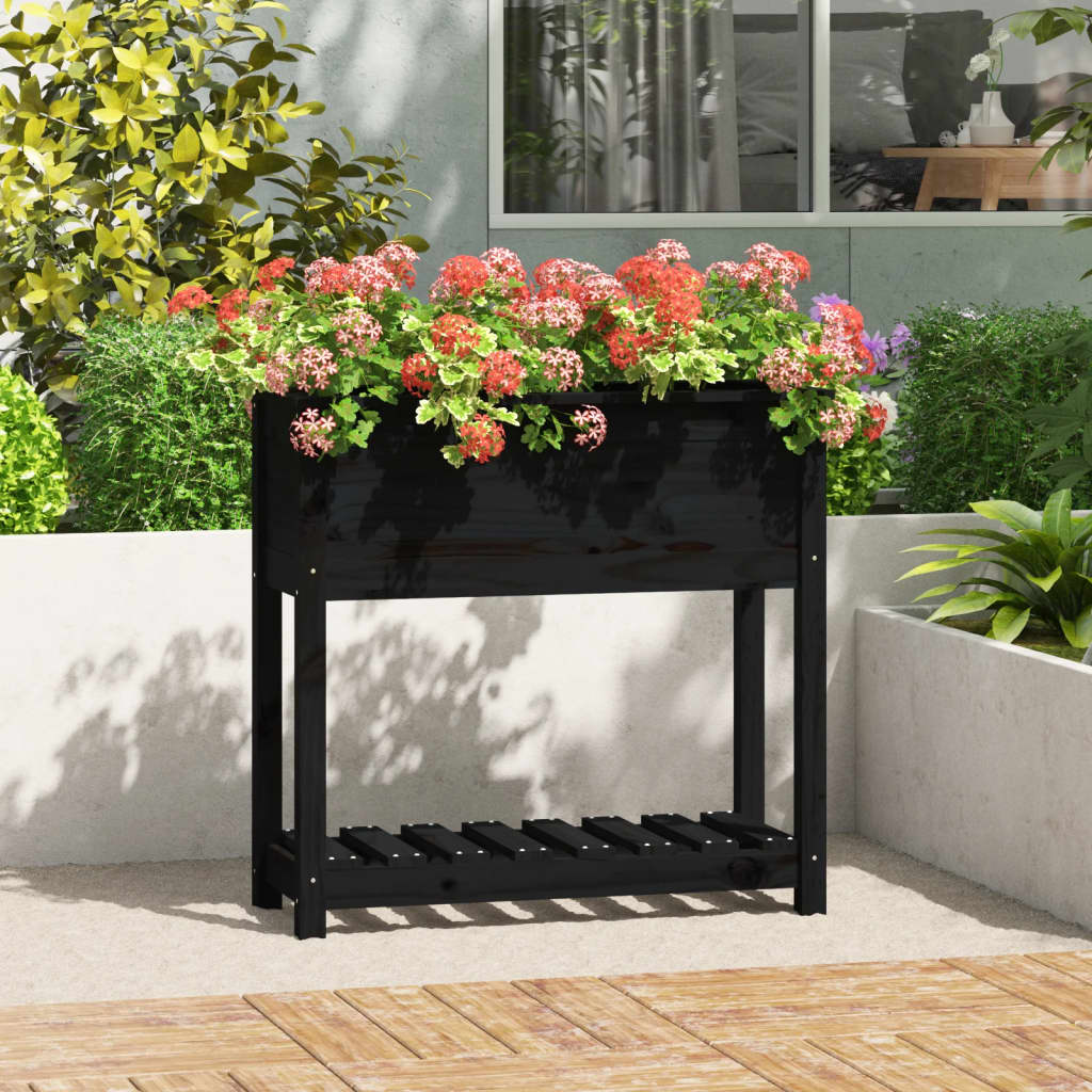 Vetonek Jardinera con estante madera maciza pino negro 82,5x34,5x81 cm