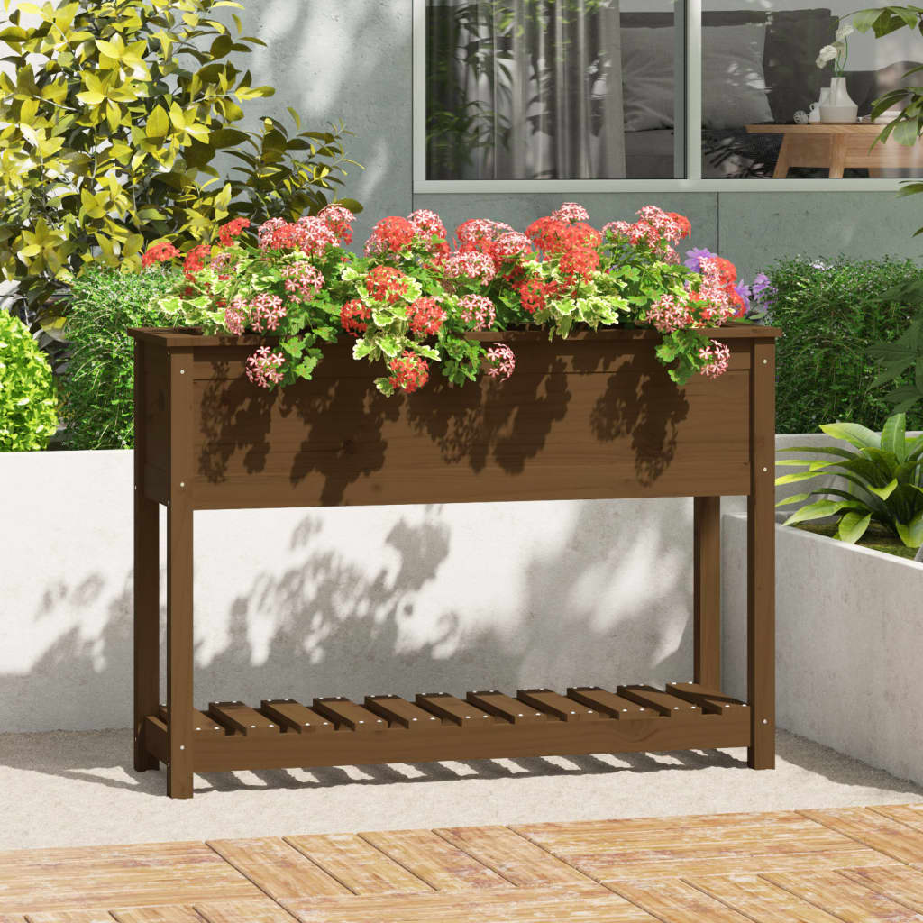 Jardinera con estante madera maciza pino marrón 111,5x34,5x81cm v7473 Vetonek