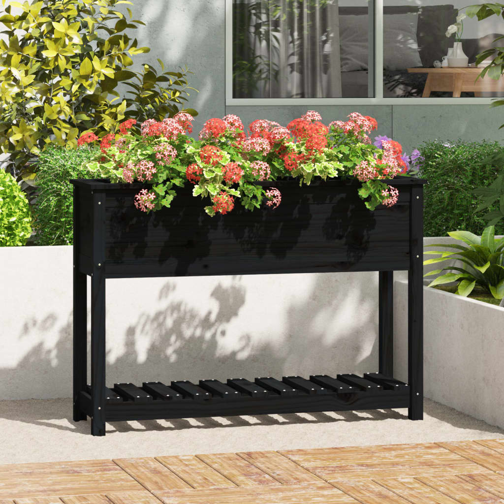 Vetonek Jardinera con estante madera maciza pino negro 111,5x34,5x81 cm