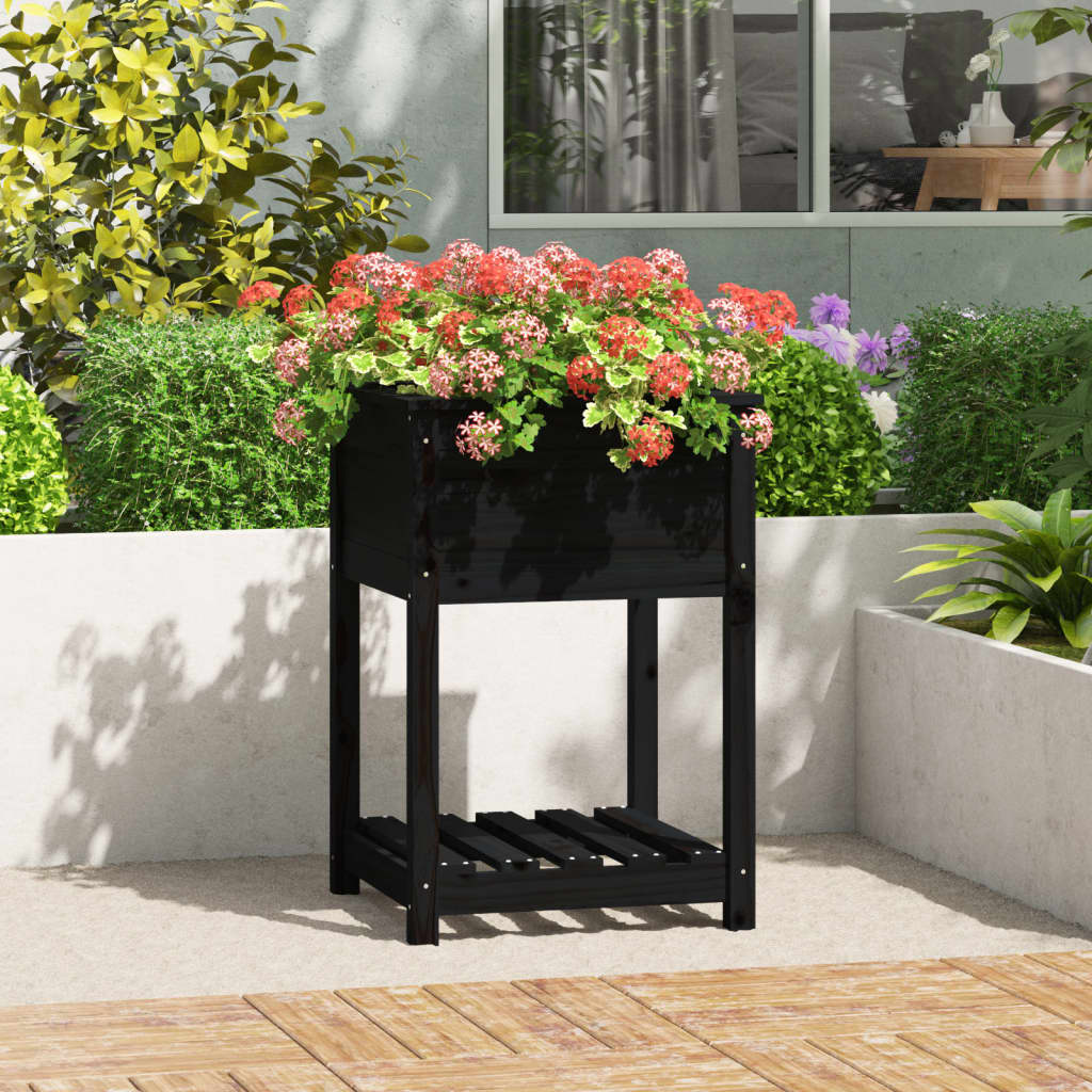 Jardinera con estante madera maciza de pino negro 54x54x81 cm v7534 Vetonek
