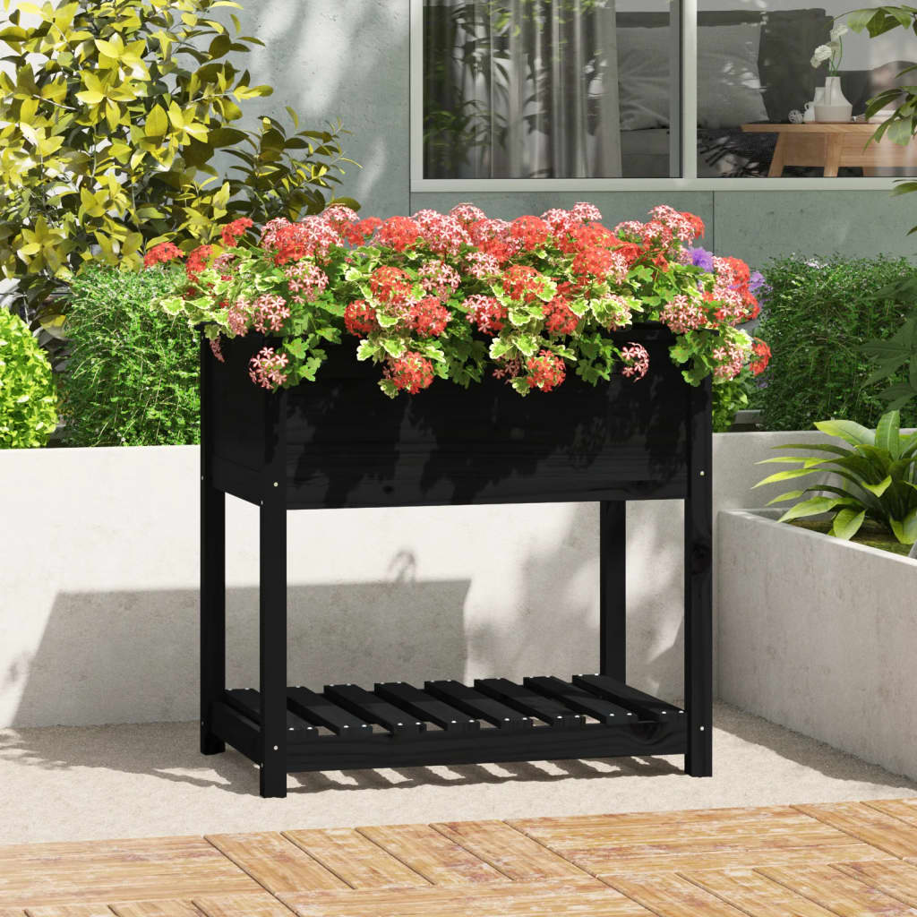 Jardinera con estante madera maciza de pino negro 82,5x54x81 cm v7589 Vetonek