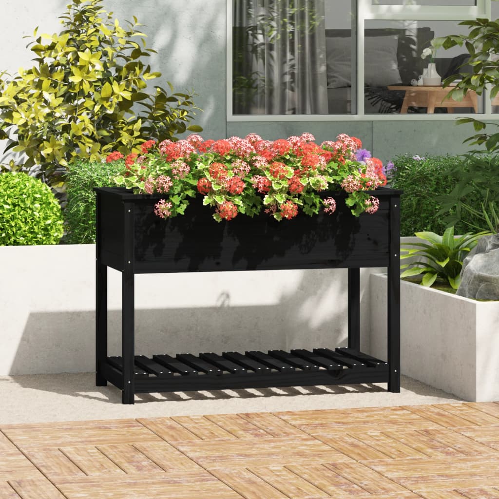 Vetonek Jardinera con estante madera maciza pino negra 111,5x54x81 cm