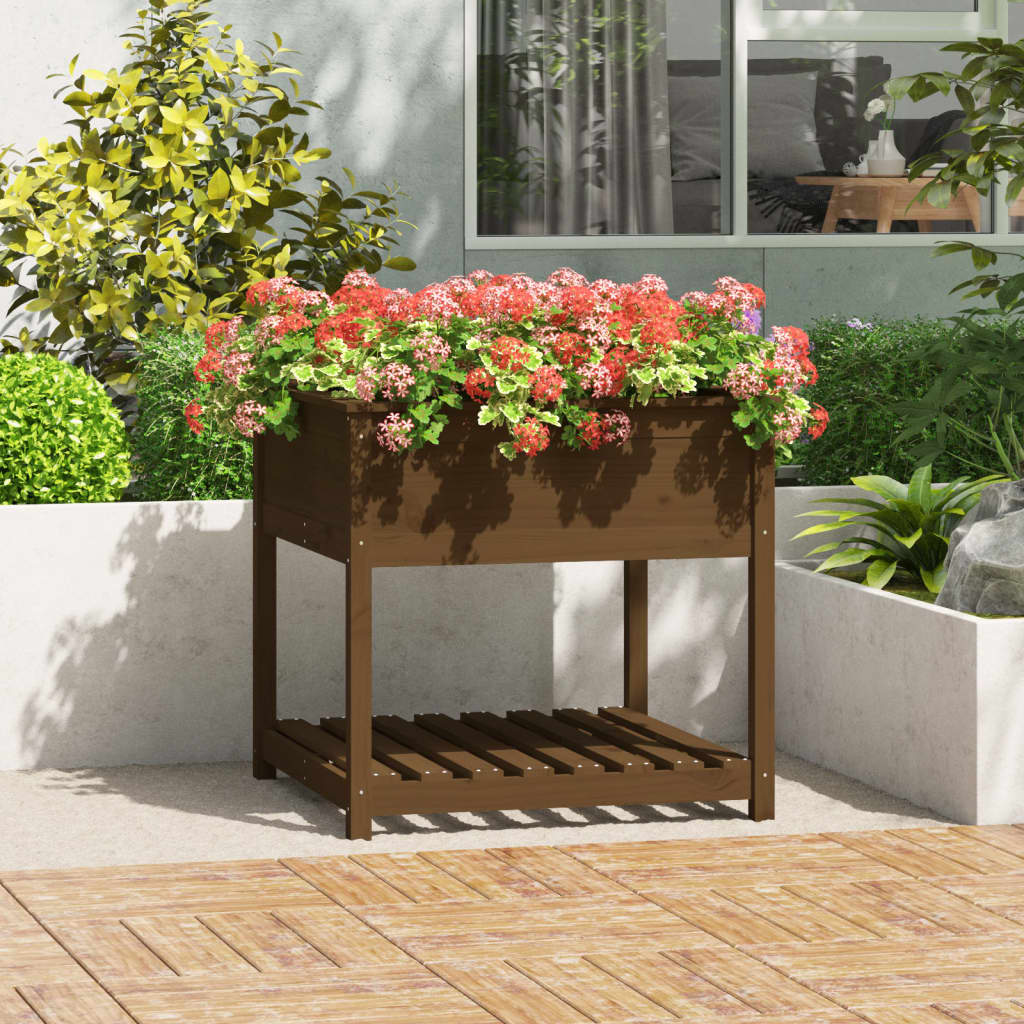 Vetonek Jardinera con estante madera maciza pino marrón 82,5x82,5x81 cm