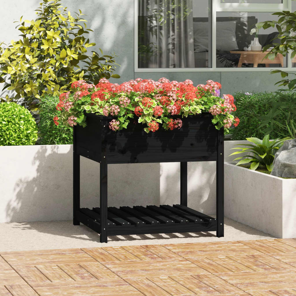 Vetonek Jardinera con estante madera maciza pino negro 82,5x82,5x81 cm