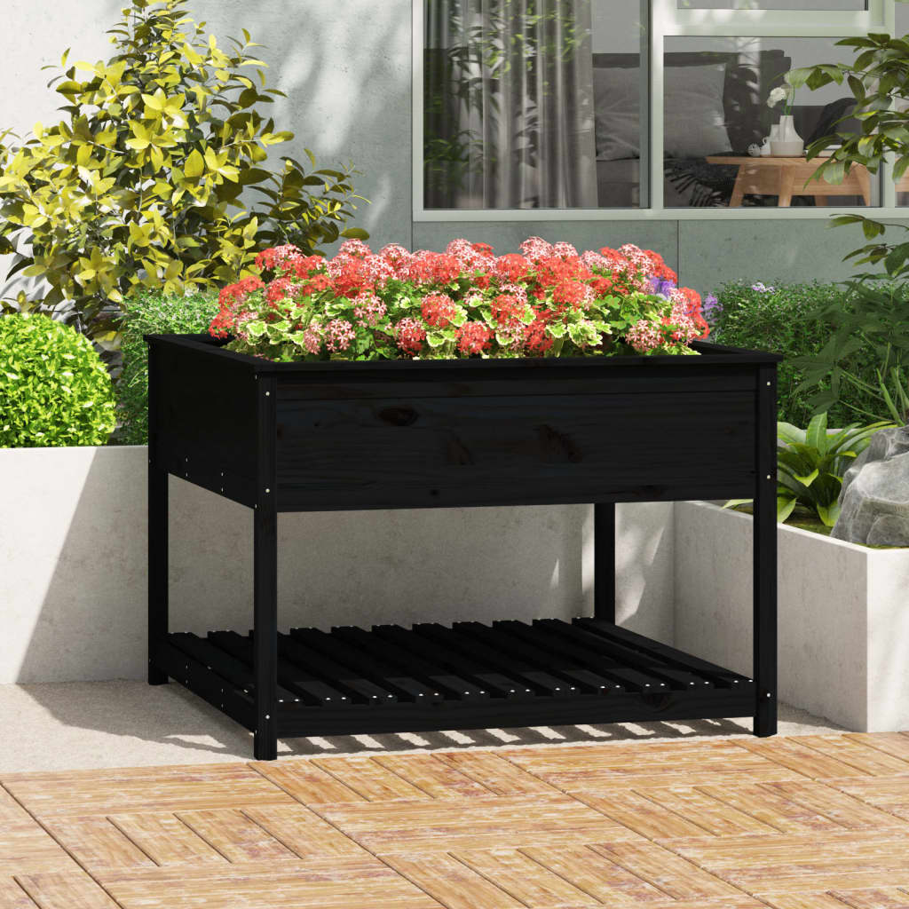 Jardinera con estante madera maciza pino negro 111,5x111,5x81cm v7732 Vetonek