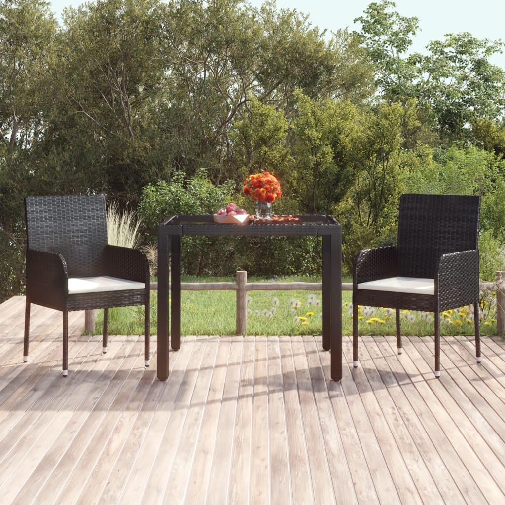 Vetonek Mesa de jardín superficie de vidrio ratán PE negro 90x90x75 cm