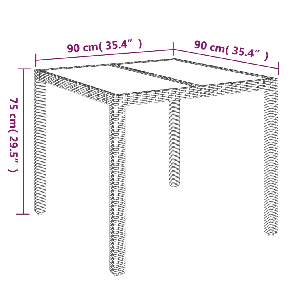 Mesa de jardín superficie de vidrio ratán PE negro 90x90x75 cm vidaXL