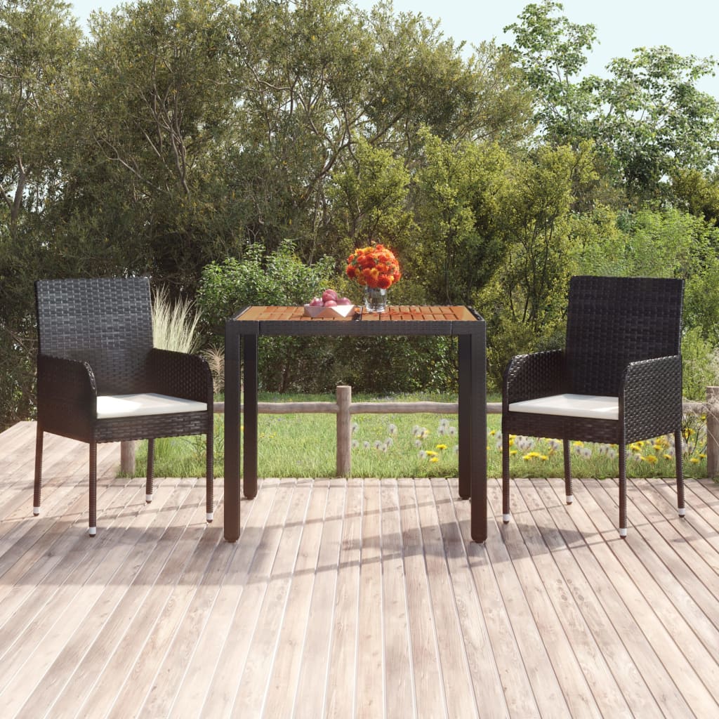 Vetonek Mesa de jardín superficie de madera ratán PE negro 90x90x75 cm