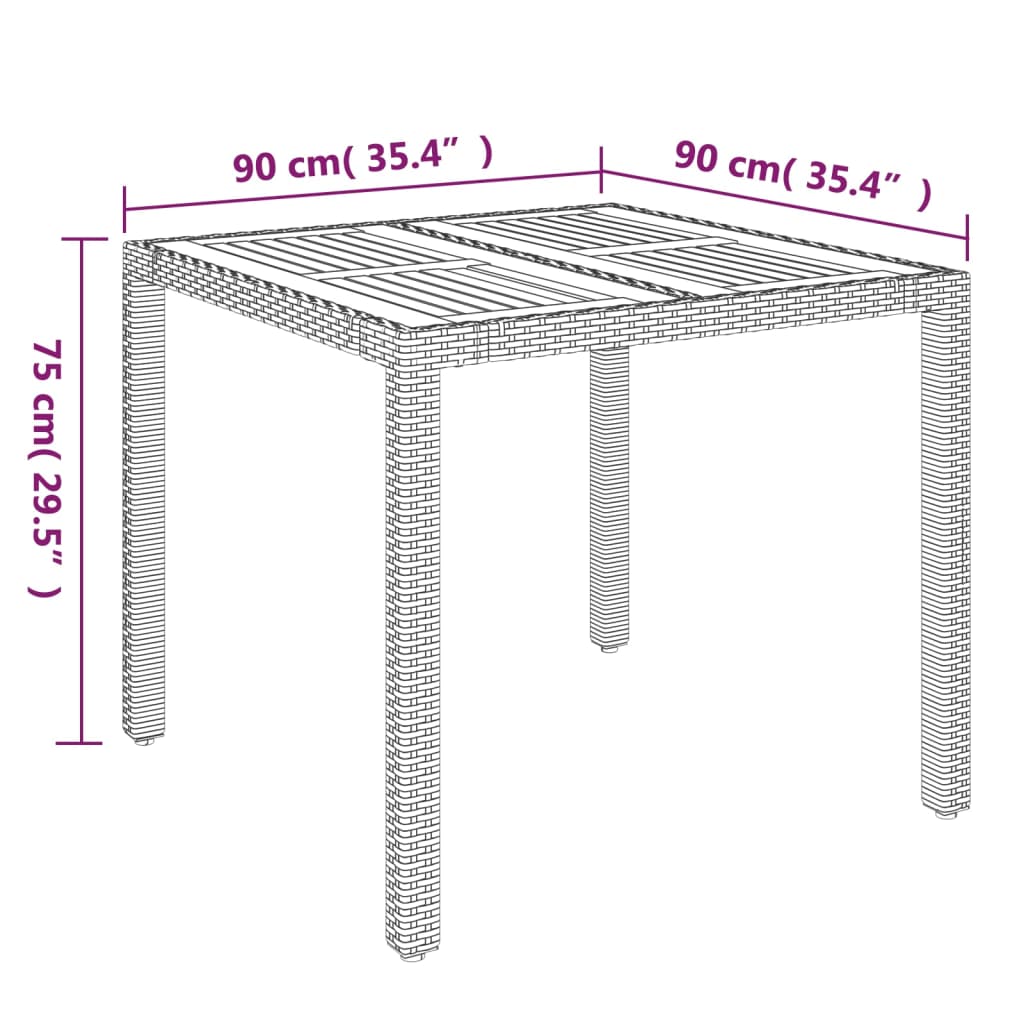 Mesa de jardín superficie de madera ratán PE negro 90x90x75 cm vidaXL