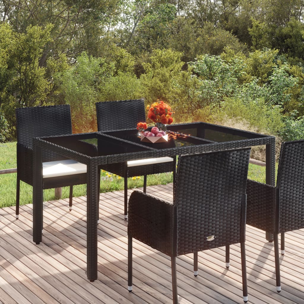 Vetonek Mesa de jardín superficie de vidrio ratán PE negro 150x90x75 cm