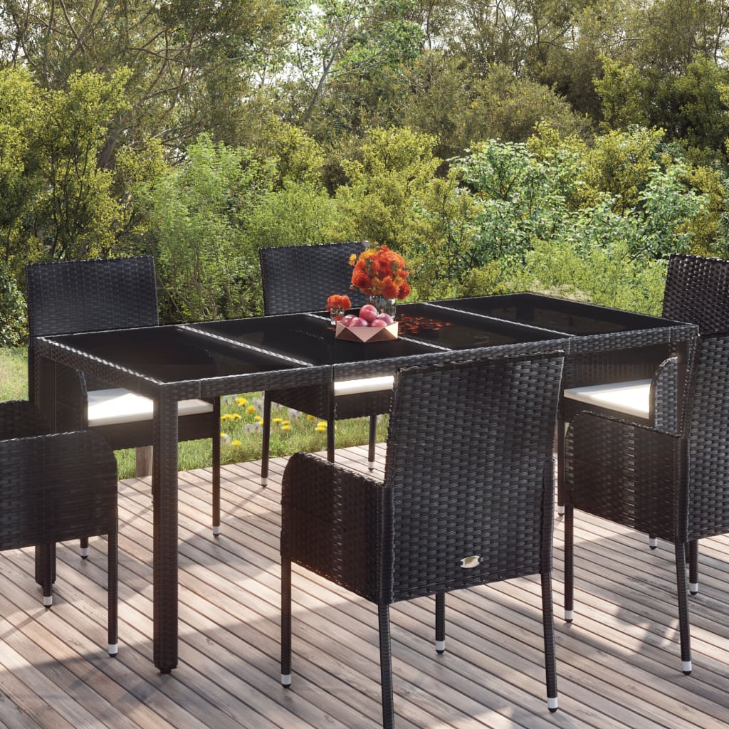 Vetonek Mesa de jardín superficie de vidrio ratán PE negro 190x90x75 cm