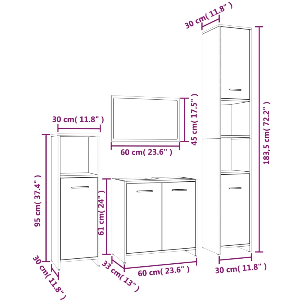 Set de muebles baño 4 pzas madera roble ahumado vidaXL