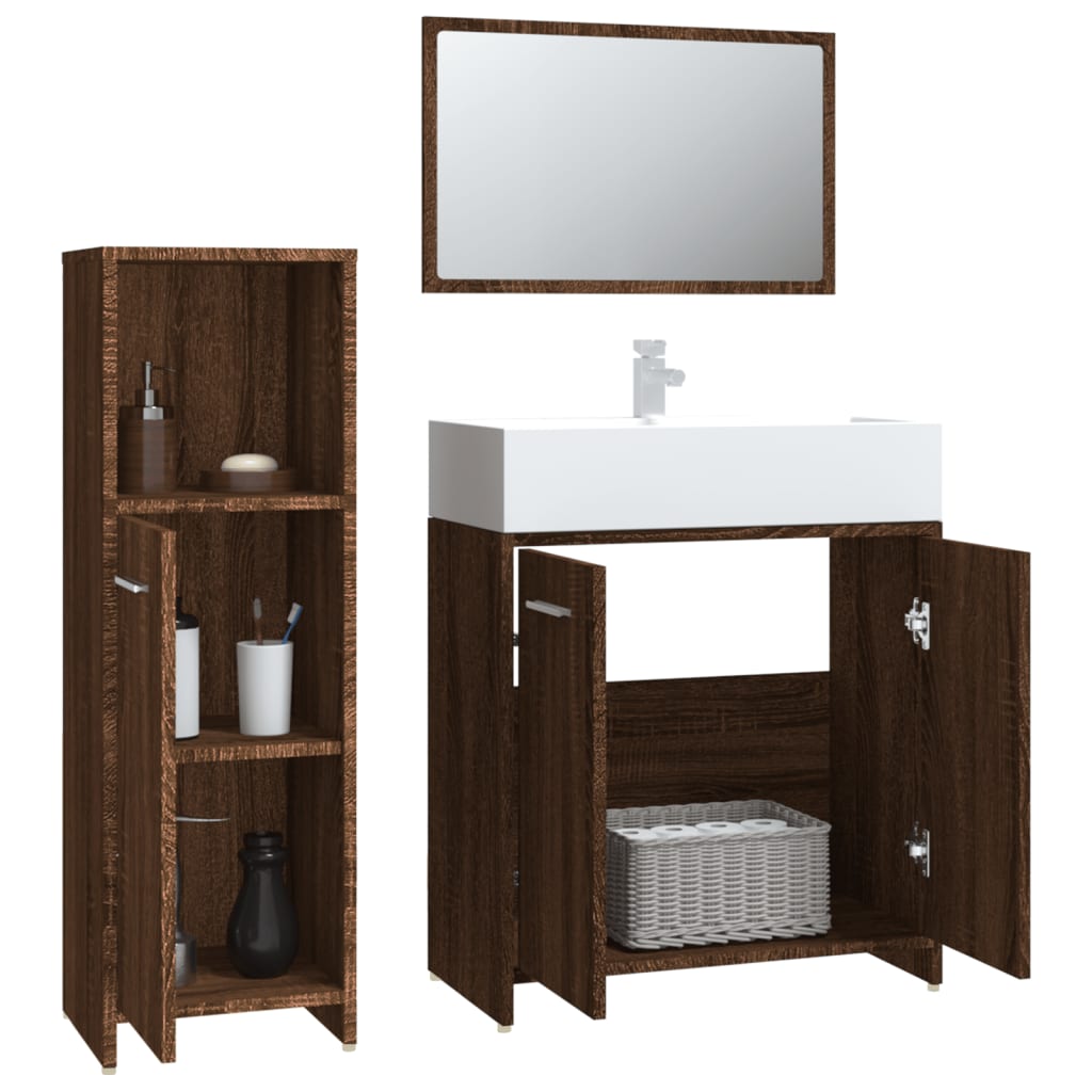 Set de muebles baño 3 pzas madera roble marrón vidaXL