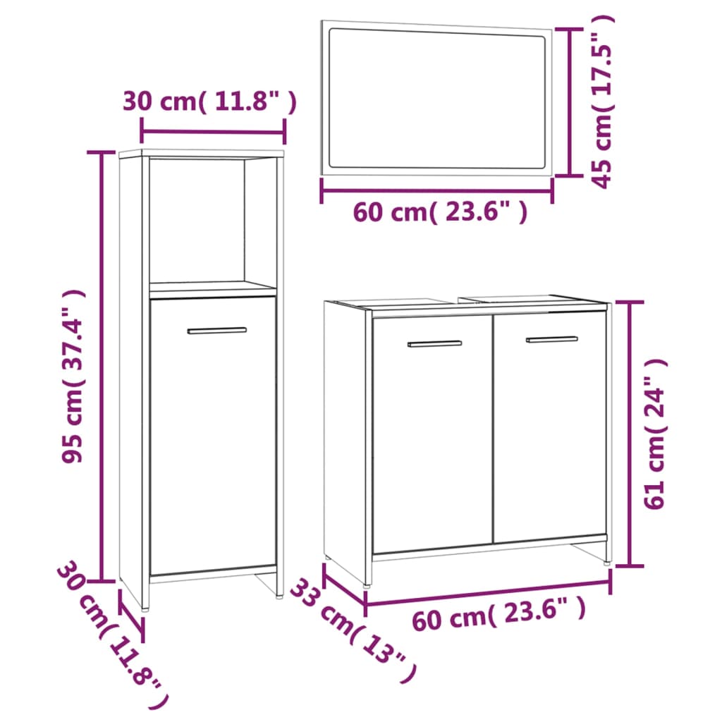 Set de muebles baño 3 pzas madera roble marrón vidaXL