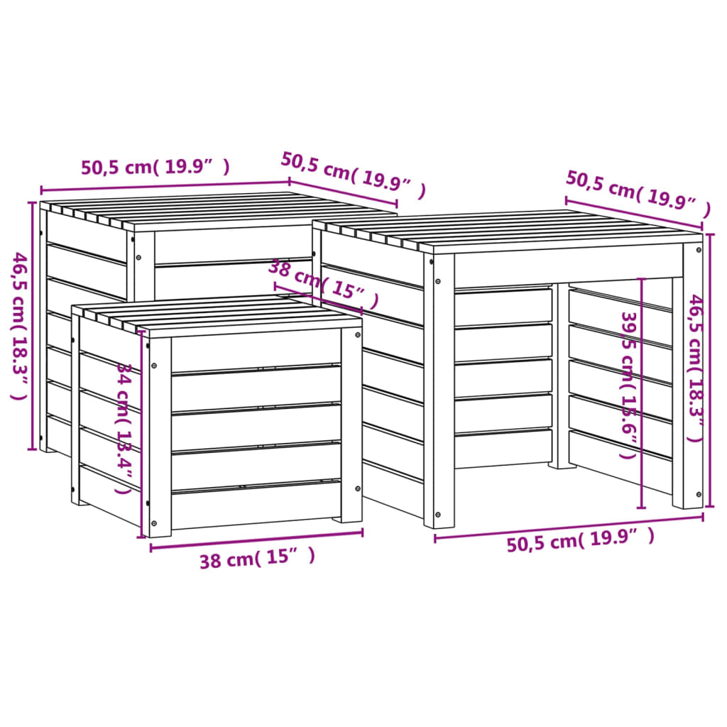 Set of garden box 3 pieces solid wood of gray pine