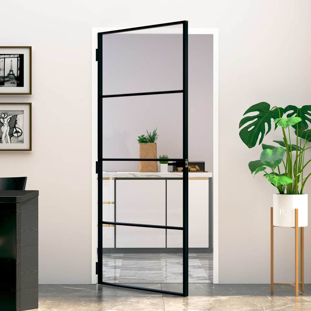 Puerta Interior Vidrio Templado y Aluminio Negro 93x201,5 cm