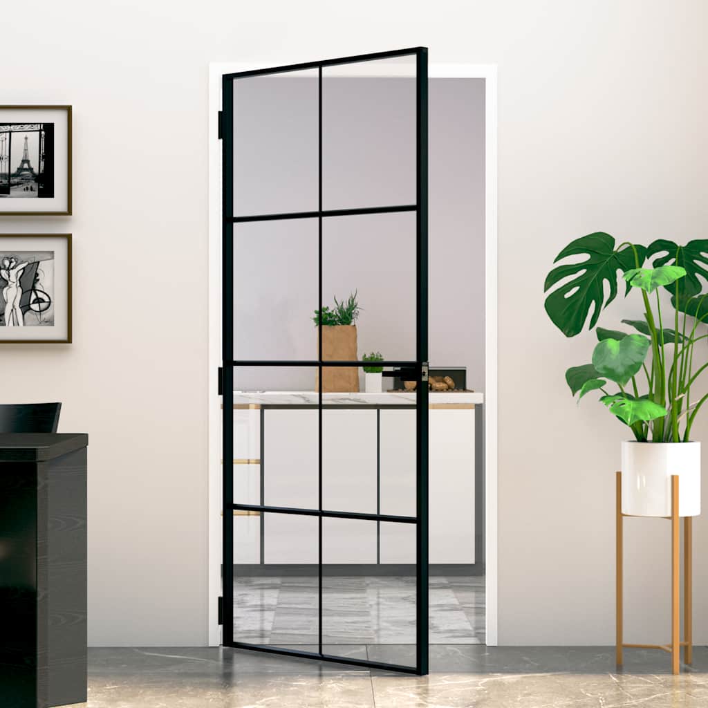 Puerta Interior Vidrio Templado y Aluminio Negro 93x201,5 cm