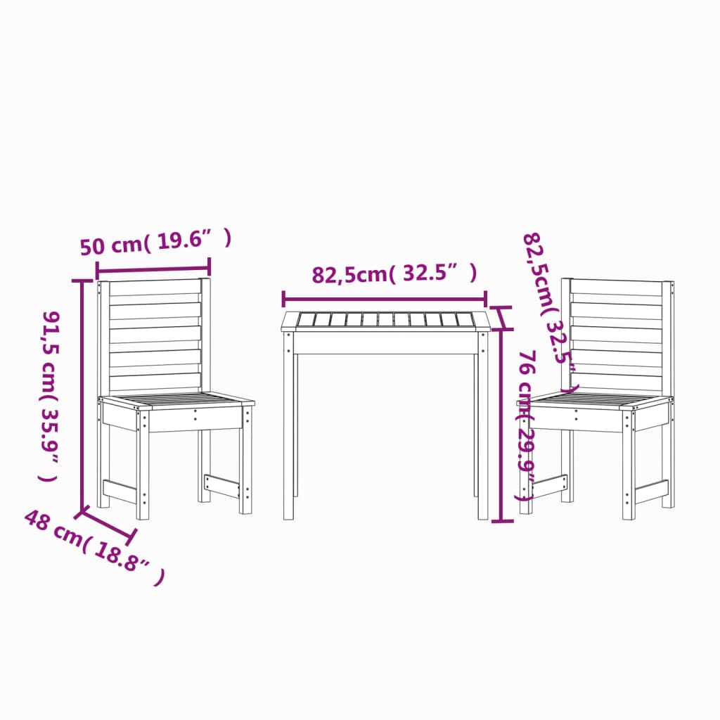 Mesa y sillas de jardín 3 piezas madera maciza de pino negro vidaXL