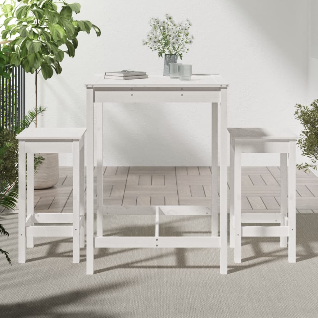 Set de mesa y taburetes altos jardín 3 pzas madera pino blanco - Vetonek