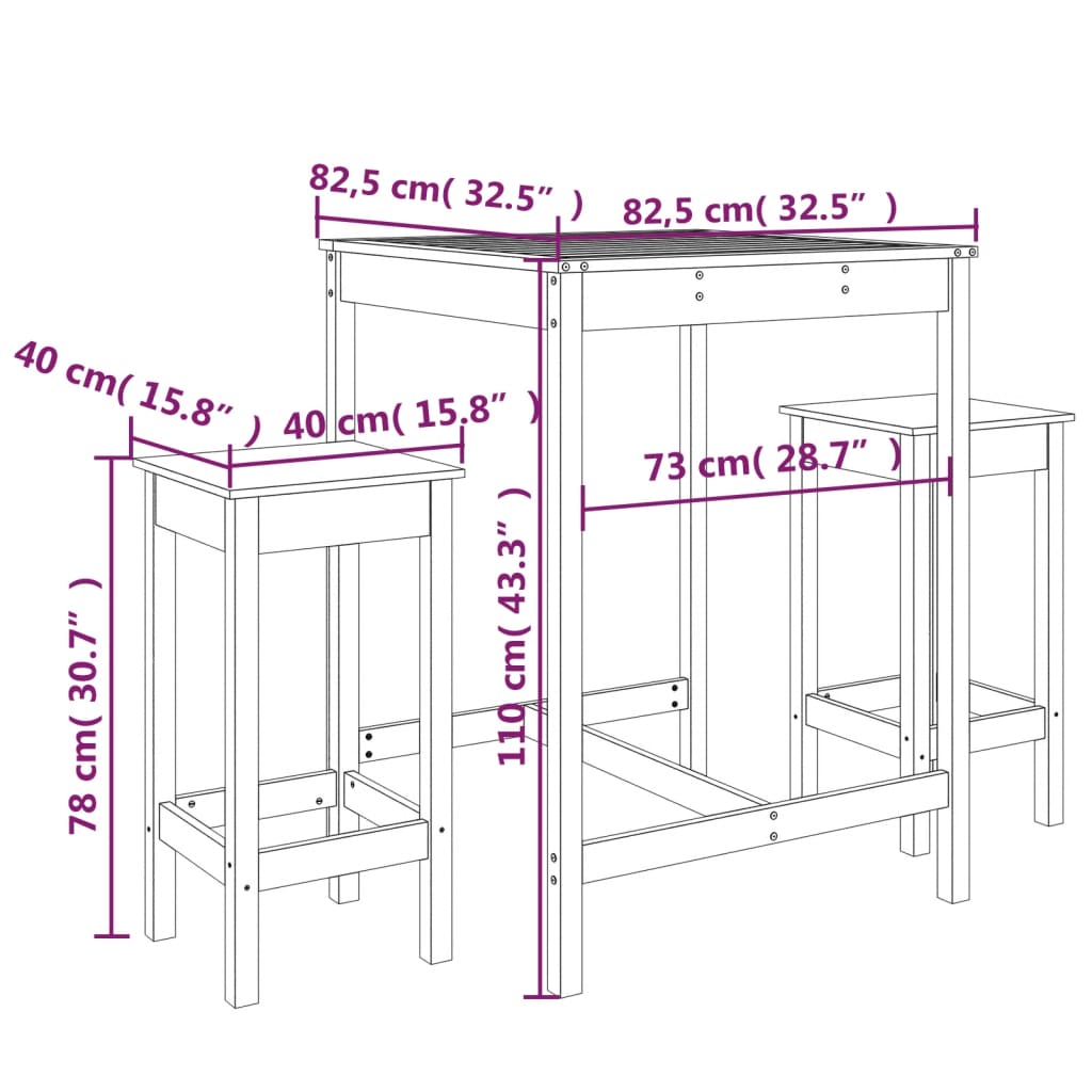 Set de mesa y taburetes altos jardín 3 pzas madera pino blanco vidaXL