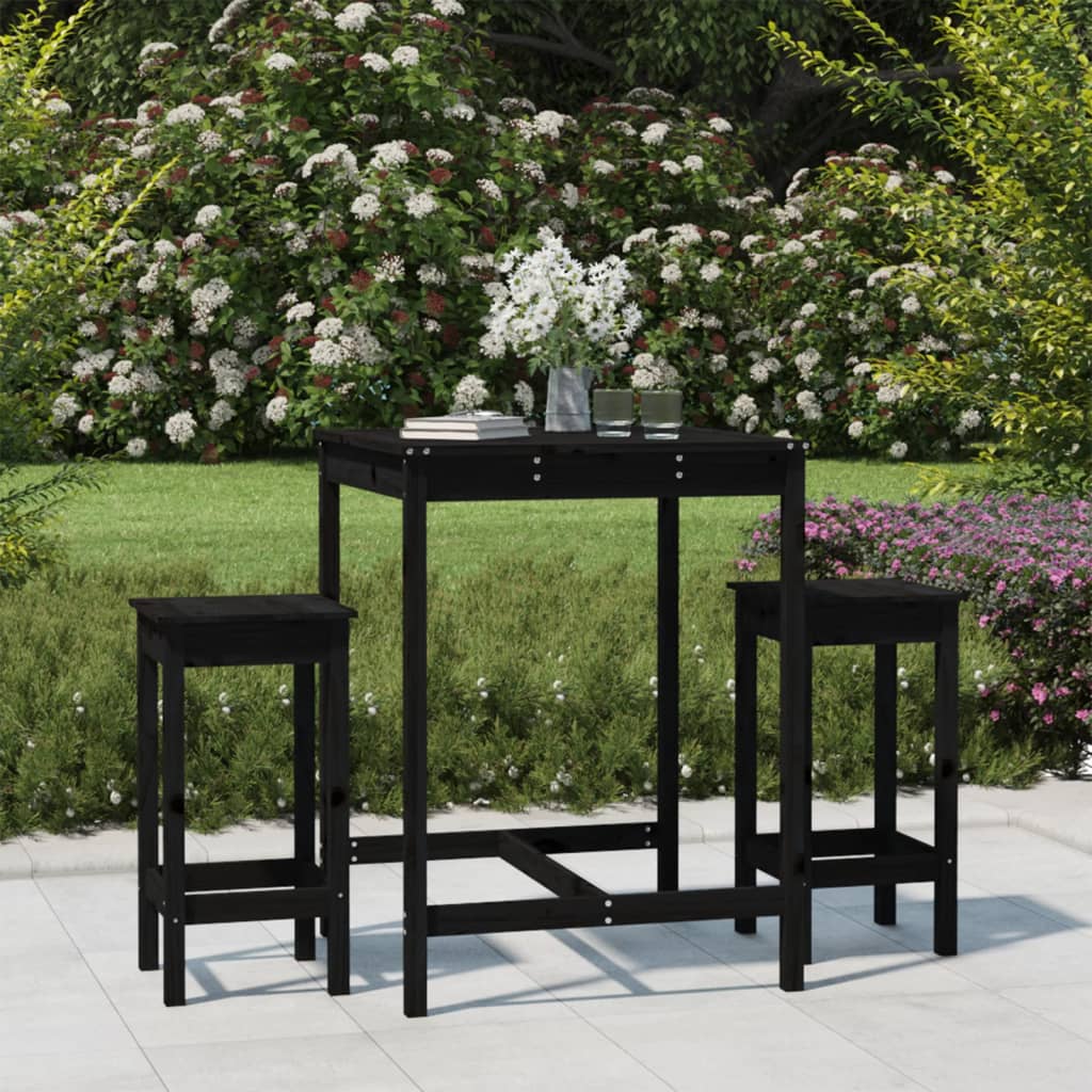 Vetonek Set de mesa y taburetes altos jardín 3 pzas madera pino negro