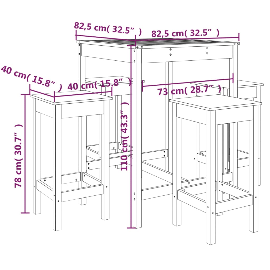 Mesa y taburetes altos jardín 5 piezas madera maciza de pino vidaXL